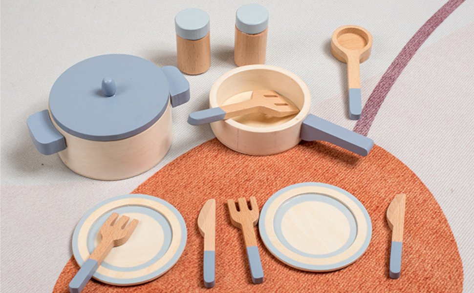 Kids Wooden Kitchen Cooking Toy & Cookware Pot Set | 10 Piece - Image 3