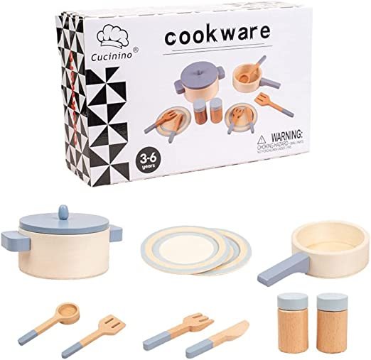 Kids Wooden Kitchen Cooking Toy & Cookware Pot Set | 10 Piece