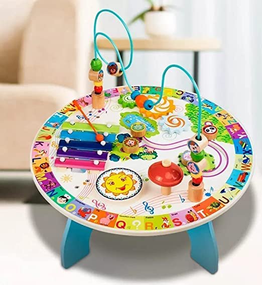 7-in-1 Wooden Busy Activity Learning Table with Bead Maze