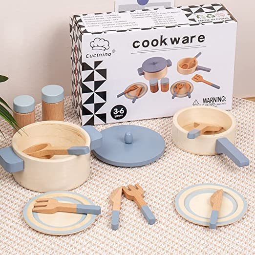 Kids Wooden Kitchen Cooking Toy & Cookware Pot Set | 10 Piece - Image 6