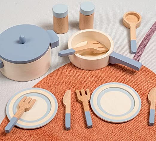 Kids Wooden Kitchen Cooking Toy & Cookware Pot Set | 10 Piece - Image 5